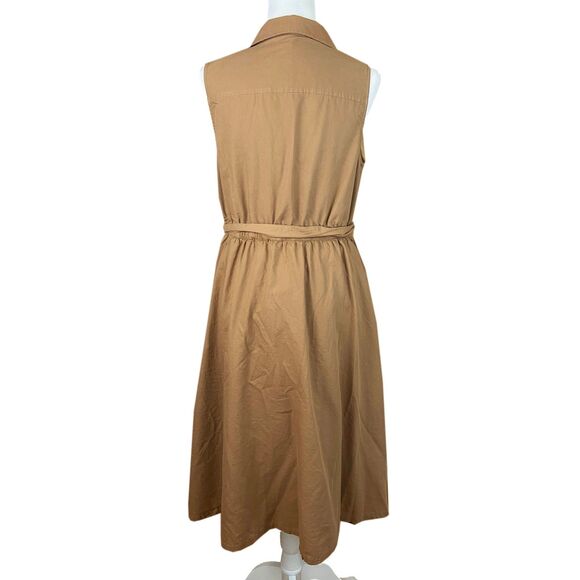 Pact Sunset Sleeveless Shirt Dress Size L Brown Sugar Organic Cotton Waist Tie - Picture 4 of 7